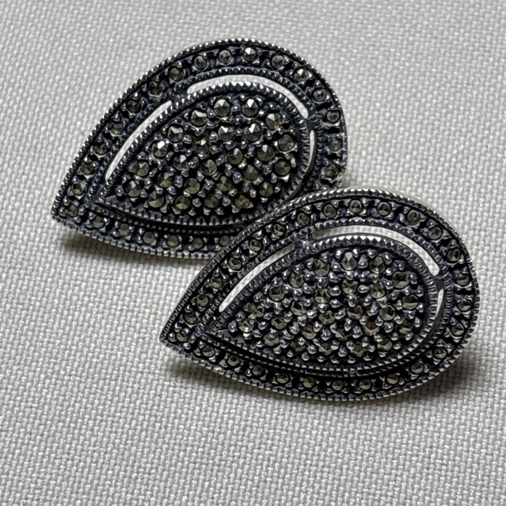 Fine STERLING & MARACASITE Teardrop STUD EARRINGS-Judith Jack(?)-1 Inch